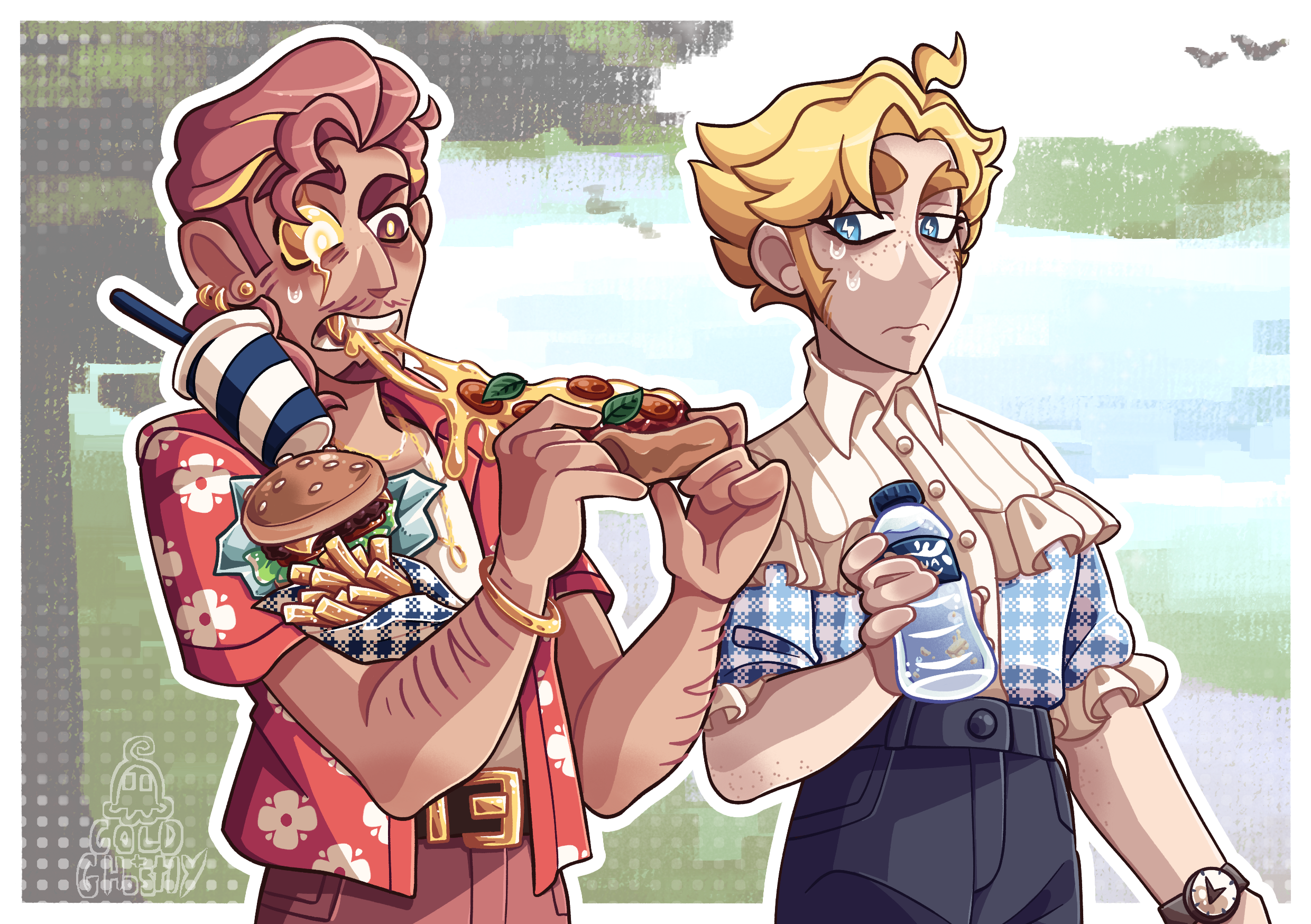 A drawing of Percy and Ramsey from Epithet Erased getting a bite to eat together, Ramsey has significantly more junk food than Percy.